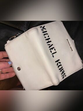 Michael Kors White Leather Foldover Clutch with Black Logo Detail